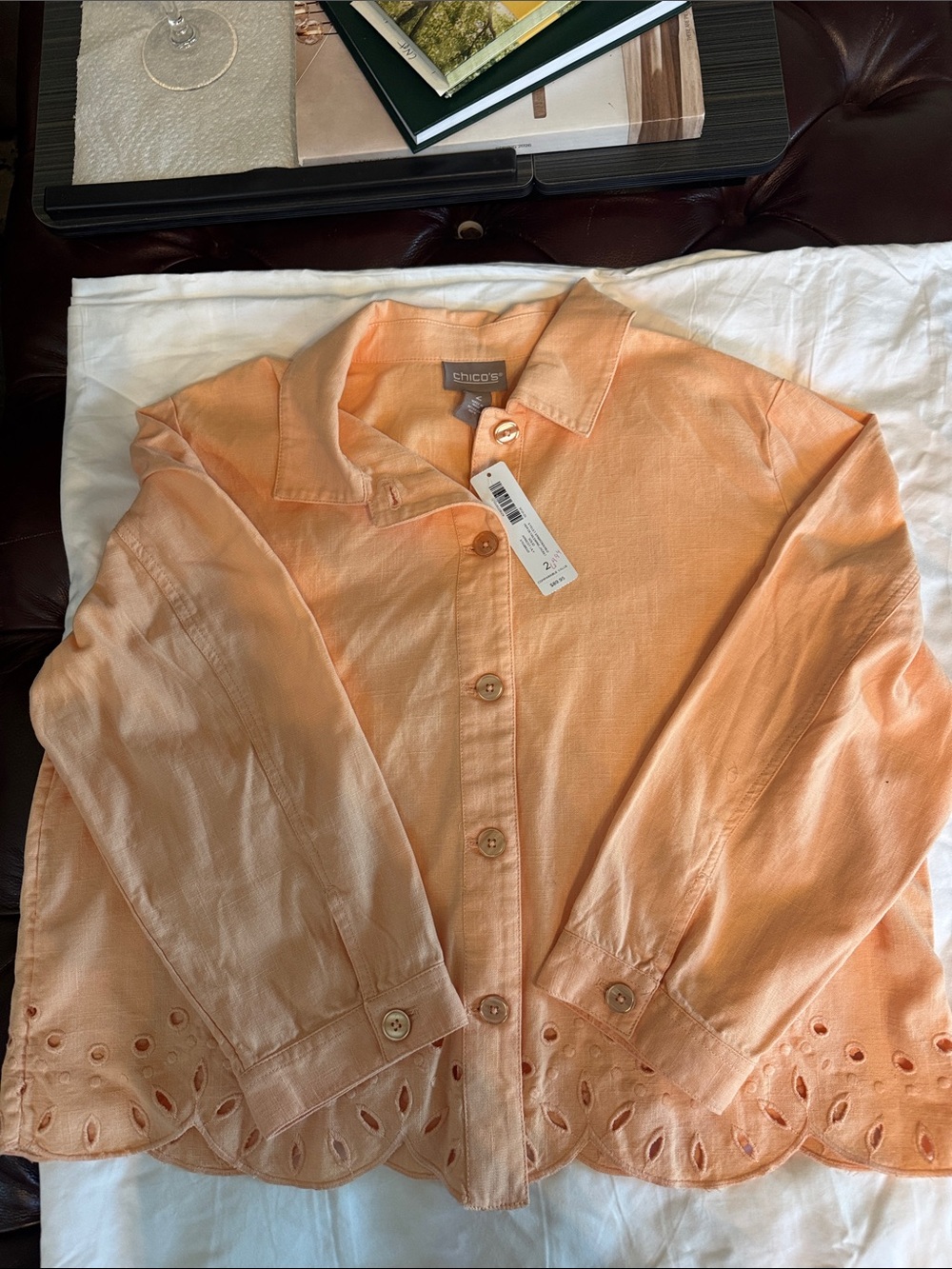 Chico's Peach Button-Front Eyelet Hem Shirt